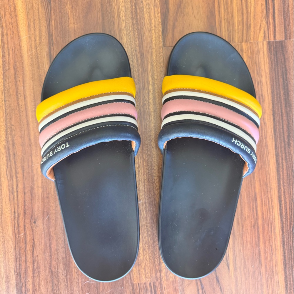 Tory Burch Black Slides with Pink and Yellow Straps